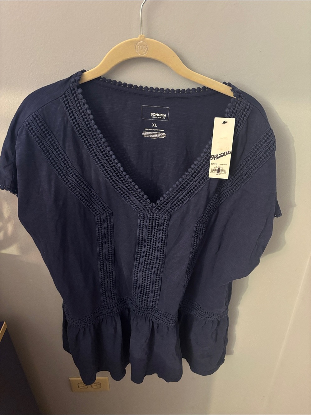 Sonoma Navy Crochet-Trim V-Neck Peplum Tunic